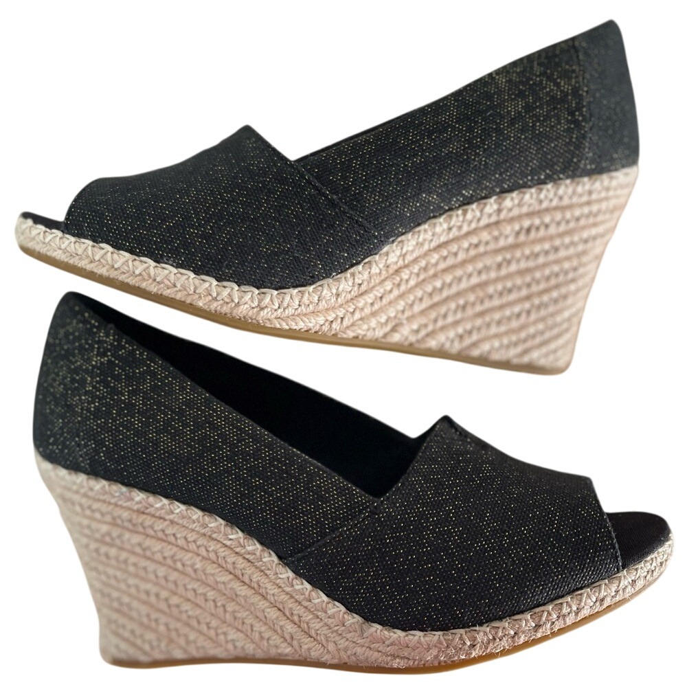 Tom's Classic‎ Black Denim+Gold Wedge Peep Toe Espadrille Heels SZ 10 Never Worn - Picture 7 of 8